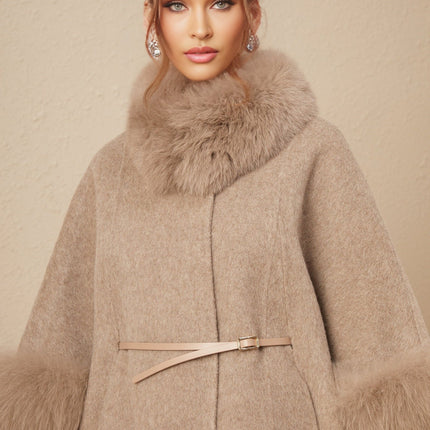 Barbara Wool and Fox Fur Brown Coat with Cape Sleeves and Waist Belt