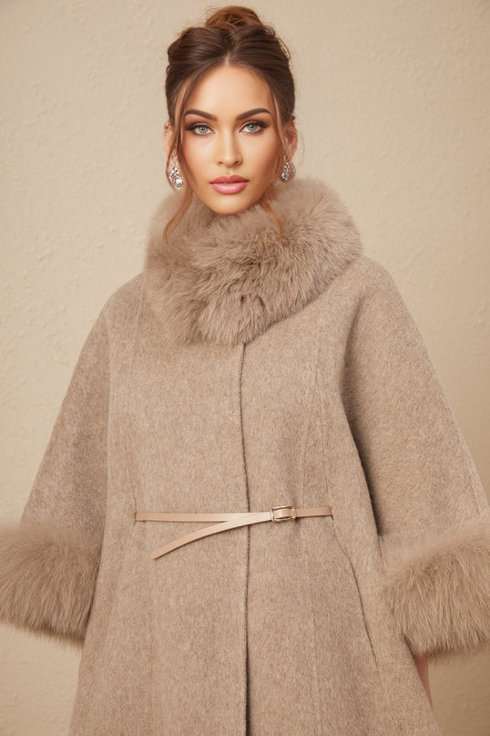 Barbara Wool and Fox Fur Brown Coat with Cape Sleeves and Waist Belt