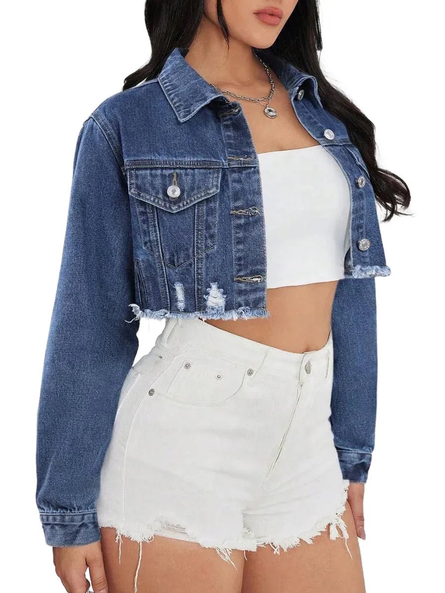 Barbara Cropped Denim Jacket with Distressed Hem in Blue - Blue