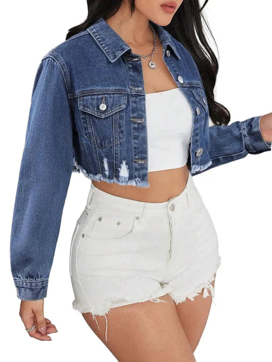 Barbara Cropped Denim Jacket with Distressed Hem in Blue - Blue