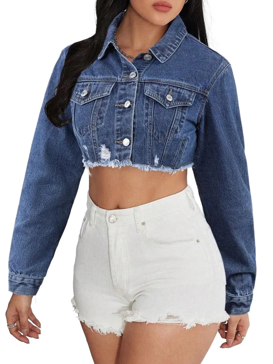 Barbara Cropped Denim Jacket with Distressed Hem in Blue - Blue