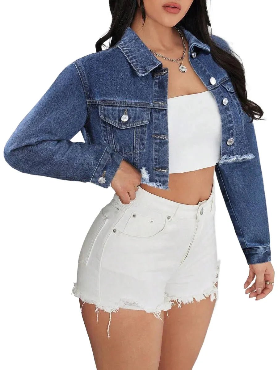 Barbara Cropped Denim Jacket with Distressed Hem in Blue - Blue
