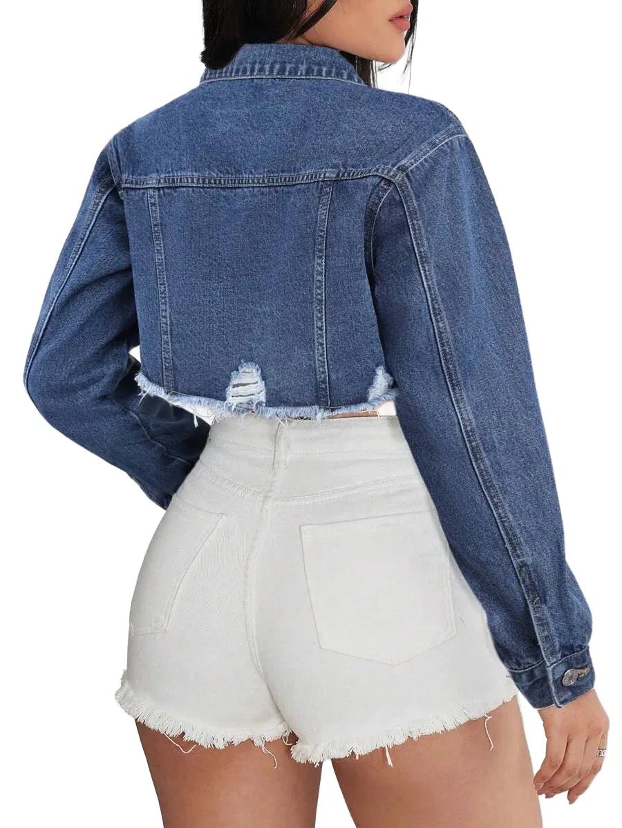 Barbara Cropped Denim Jacket with Distressed Hem in Blue - Blue
