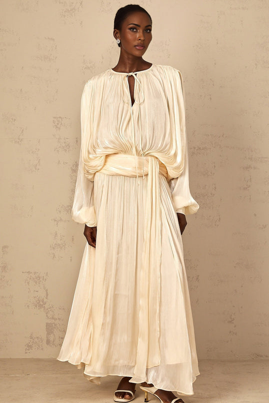 Barbara Maxi Dress in Neutrals Pleated Ruffled Glitter Long Sleeves Twist Neckline Shoulder Pads Semi-Sheer Regal Charm Luxurious Blend Elegant