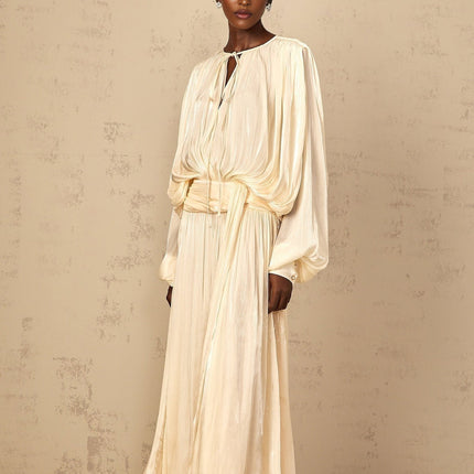Barbara Maxi Dress in Neutrals Pleated Ruffled Glitter Long Sleeve Twist Neckline Shoulder Pads Semi-Sheer Regal Charm Luxury Blend Elegant