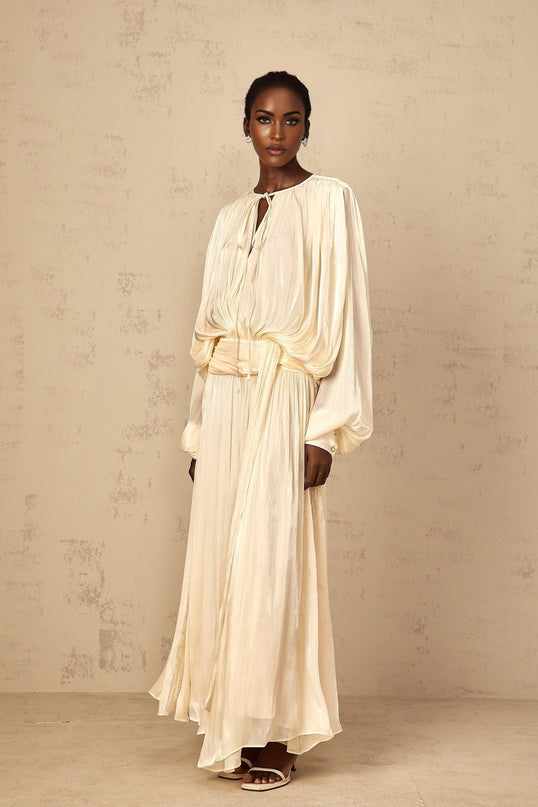 Barbara Maxi Dress in Neutrals Pleated Ruffled Glitter Long Sleeve Twist Neckline Shoulder Pads Semi-Sheer Regal Charm Luxury Blend Elegant