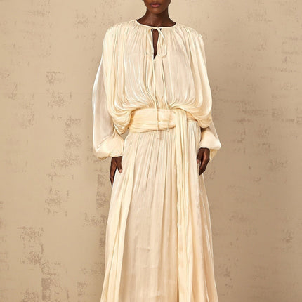 Barbara Maxi Dress Neutrals Pleated Ruffled Glitter Long Buttoned-Cuff Sleeves Twist Neckline Shoulder Pads Drape Semi-Sheer Rear Button Side Zip Fastening Luxurious Blend Terylene Viscose Spandex Elegance