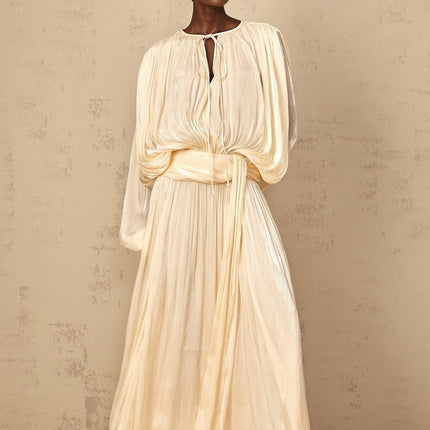 Barbara Maxi Dress in Neutrals Pleated Ruffled Glitter Semi-Sheer Twist Neckline Shoulder Pads Regal Charm Luxurious Blend Elegant