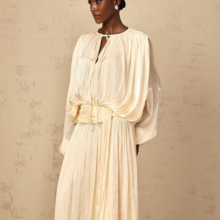Barbara Maxi Dress in Neutrals Pleated Ruffled Glitter Long Sleeve Twist Neckline Shoulder Pads Drape Semi-Sheer Maxi Length Rear Button Side Zip Luxurious Blend Elegant