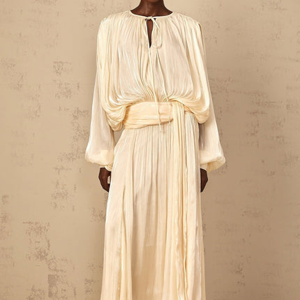 Barbara Maxi Dress in Neutrals Pleated Ruffled Glitter Long Buttoned-Cuff Sleeves Twist Neckline Shoulder Pads Drape Semi-Sheer Maxi Length Rear Button Side Zip Fastening Luxurious Blend Terylene Viscose Spandex Elegance