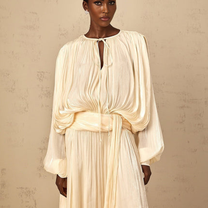 Barbara Maxi Dress in Neutrals Pleated Ruffled Glitter Long Buttoned-Cuff Sleeves Twist Neckline Shoulder Pads Drape Semi-Sheer Rear Button Side Zip Fastening Luxurious Blend Terylene Viscose Spandex Elegance