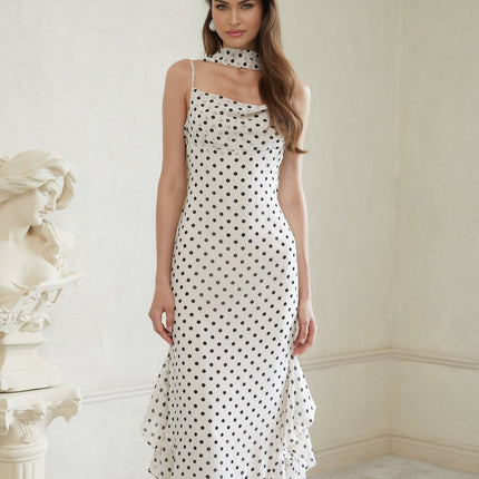 Barbara Maxi Dress White Black Polka Dot Color Block Cowl Neck Spaghetti Straps Ruffled Detailing Scarf Design Rear Zip Fastening 100% Terylene Fiber