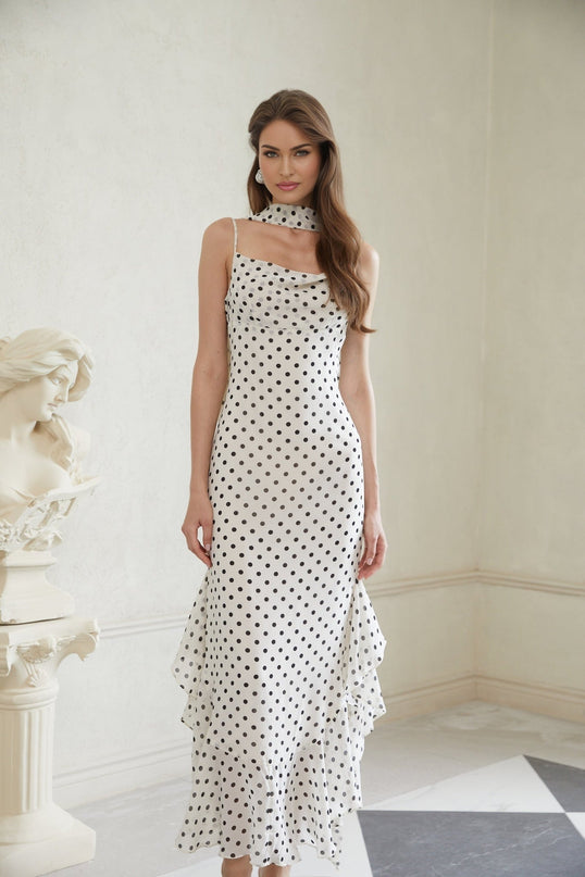Barbara Maxi Dress White Black Polka Dot Color Block Cowl Neck Spaghetti Straps Ruffled Detailing Scarf Design Rear Zip Fastening 100% Terylene Fiber