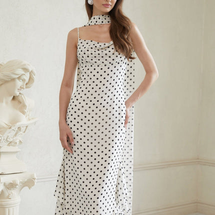 Barbara White Black Polka Dot Color Block Maxi Dress