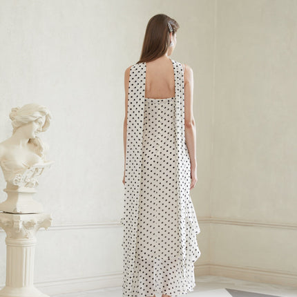 Barbara White Black Polka Dot Color Block Maxi Dress