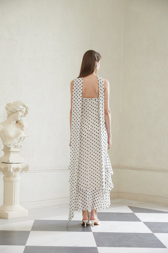 Barbara White Black Polka Dot Color Block Maxi Dress
