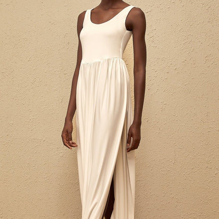 Barbara Maxi Dress in White Terylene Fiber Sleeveless Scoop Neck