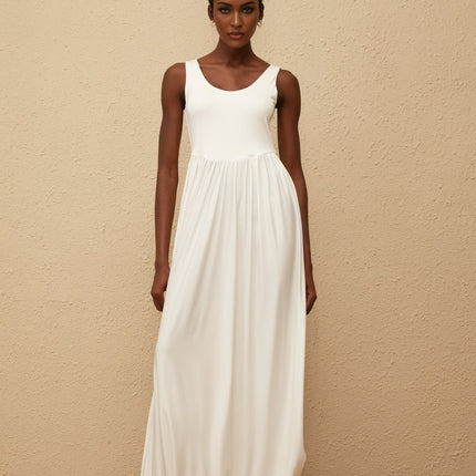 Barbara Maxi Dress in White Terylene Fiber Sleeveless Scoop Neck