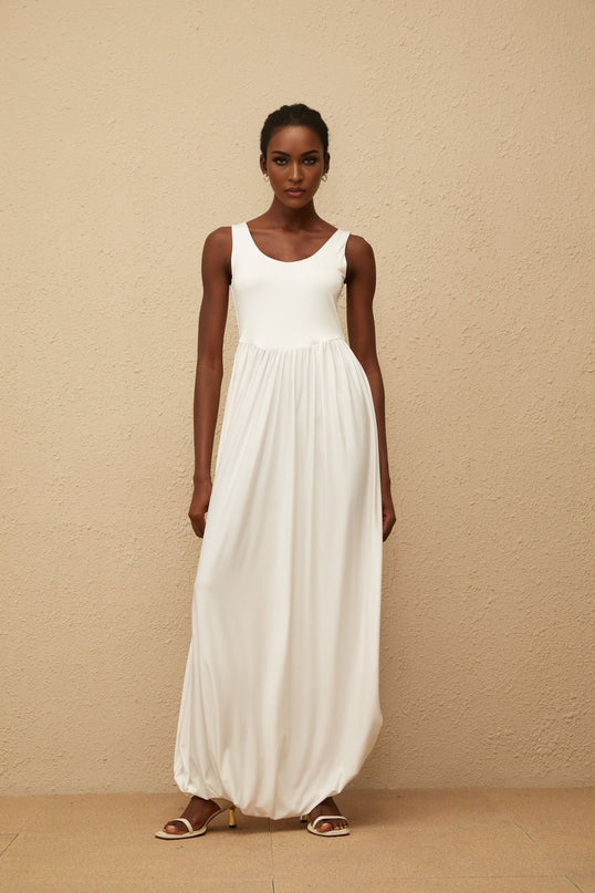 Barbara Maxi Dress in White Terylene Fiber Sleeveless Scoop Neck