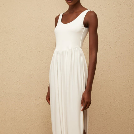 Barbara Maxi Dress in White Terylene Fiber Sleeveless Scoop Neck Wide Straps Fitted Waistline Pleated Skirt Side Slits