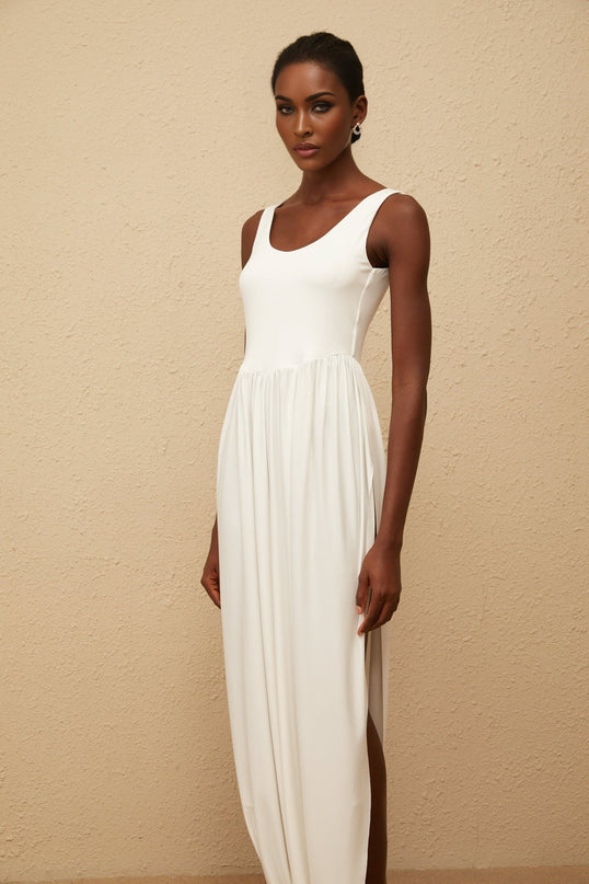 Barbara Maxi Dress in White Terylene Fiber Sleeveless Scoop Neck Wide Straps Fitted Waistline Pleated Skirt Side Slits
