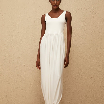 Barbara White Maxi Dress Terylene Fiber Scoop Neck Sleeveless Pleated Skirt Side Slits Elegant Chic Modern