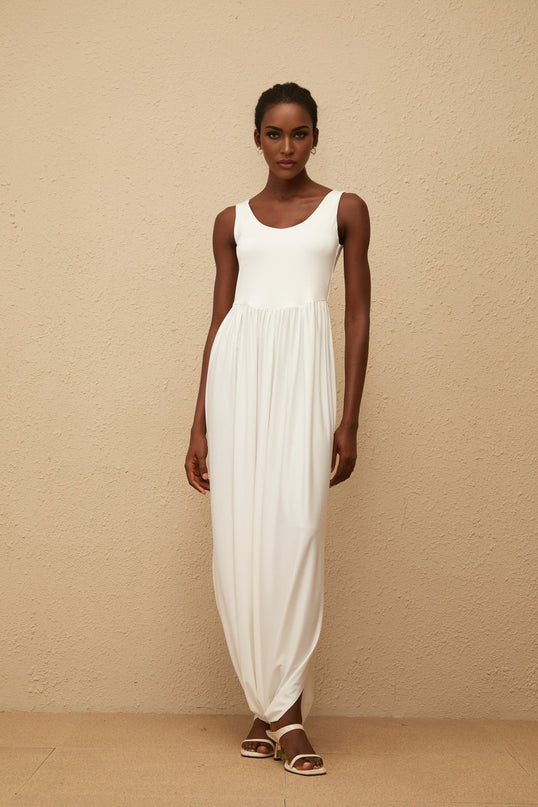 Barbara White Maxi Dress Terylene Fiber Scoop Neck Sleeveless Pleated Skirt Side Slits Elegant Chic Modern
