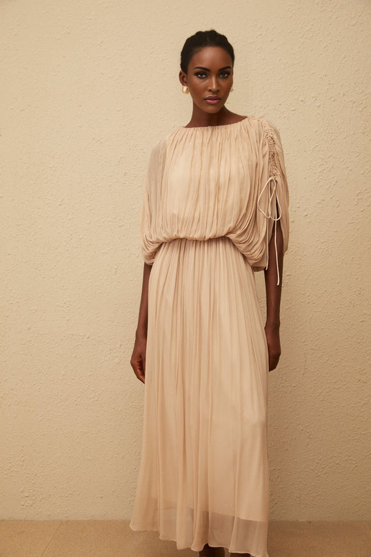 Barbara Neutrals Blouse Skirt Set Viscose Batwing Sleeves Drawstring Detailing Maxi Length