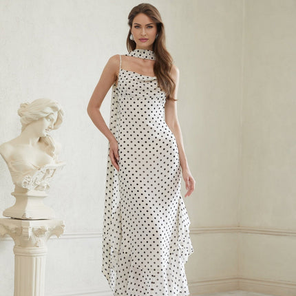 Barbara White Black Maxi Dress Cowl Neck Spaghetti Straps Ruffled Polka Dot Color Blocked Pattern Terylene Fiber