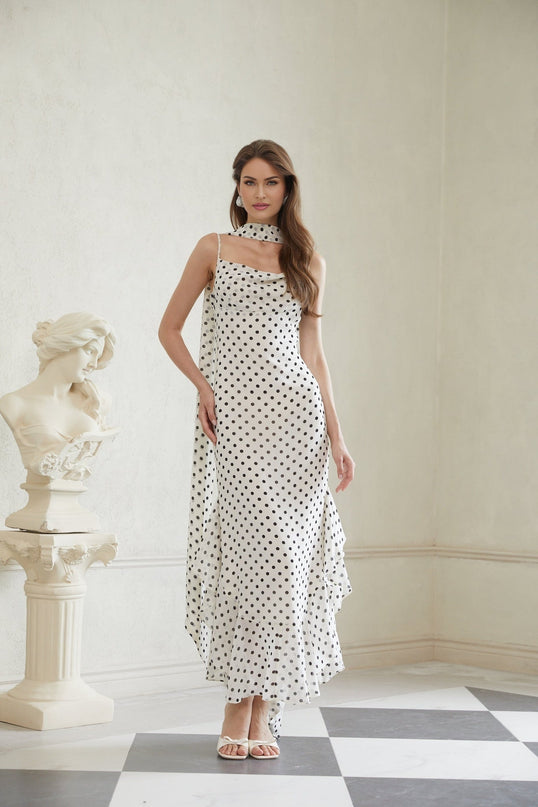 Barbara White Black Maxi Dress Cowl Neck Spaghetti Straps Ruffled Polka Dot Color Blocked Pattern Terylene Fiber