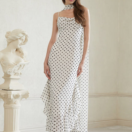 Barbara White and Black Maxi Dress with Cowl Neck and Polka Dot Print