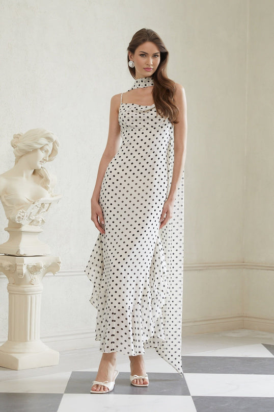 Barbara White and Black Maxi Dress with Cowl Neck and Polka Dot Print