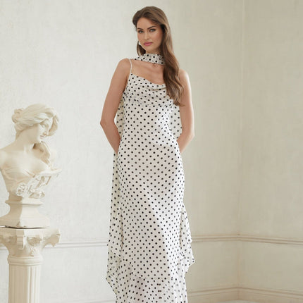 Barbara White Black Polka Dot Color Block Maxi Dress with Cowl Neck and Spaghetti Straps