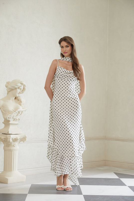 Barbara White Black Polka Dot Color Block Maxi Dress with Cowl Neck and Spaghetti Straps