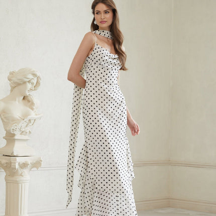 Barbara White Black Polka Dot Color Block Maxi Dress with Cowl Neck and Spaghetti Straps