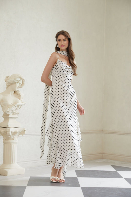 Barbara White Black Polka Dot Color Block Maxi Dress with Cowl Neck and Spaghetti Straps
