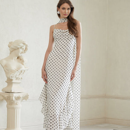 Barbara White and Black Polka Dot Color Block Maxi Dress with Cowl Neck and Spaghetti Straps
