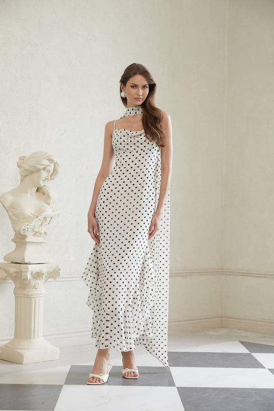 Barbara White and Black Polka Dot Color Block Maxi Dress with Cowl Neck and Spaghetti Straps