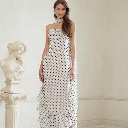 Barbara White Black Polka Dot Color Block Maxi Dress with Cowl Neck and Spaghetti Straps