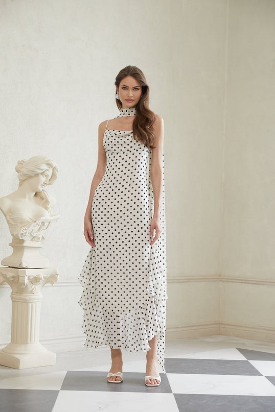 Barbara White Black Polka Dot Color Block Maxi Dress with Cowl Neck and Spaghetti Straps