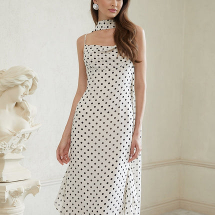 Barbara White and Black Polka Dot Maxi Dress with Cowl Neck and Spaghetti Straps