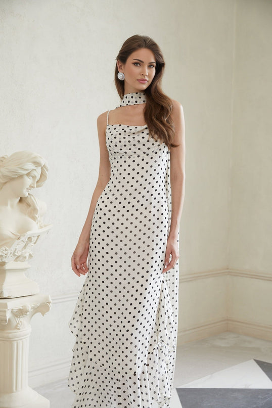 Barbara White and Black Polka Dot Maxi Dress with Cowl Neck and Spaghetti Straps