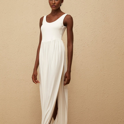 Barbara White Maxi Dress Terylene Fiber Scoop Neck Sleeveless Pleated Skirt Side Slits Elegant Modern