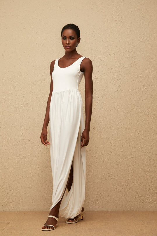 Barbara White Maxi Dress Terylene Fiber Scoop Neck Sleeveless Pleated Skirt Side Slits Elegant Modern