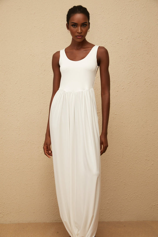 Barbara White Maxi Dress Terylene Fiber Scoop Neck Sleeveless Pleated Skirt Side Slits