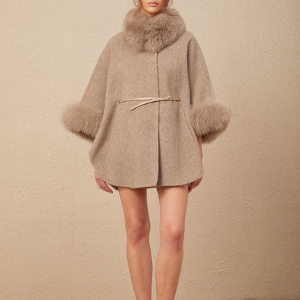 Barbara Wool and Fox Fur Brown Coat with Cape Sleeves and Detachable Collar