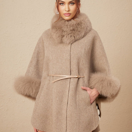 Barbara Wool Fox Fur Brown Coat with Cape Sleeves and Adjustable Waist Belt