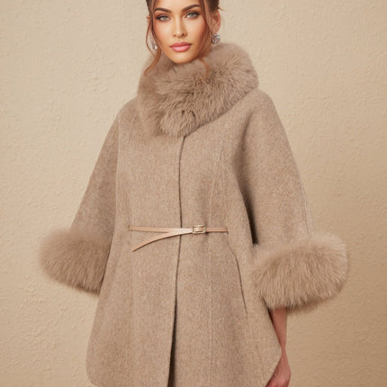 Barbara Wool Fox Fur Brown Coat with Cape Sleeves and Waist Belt