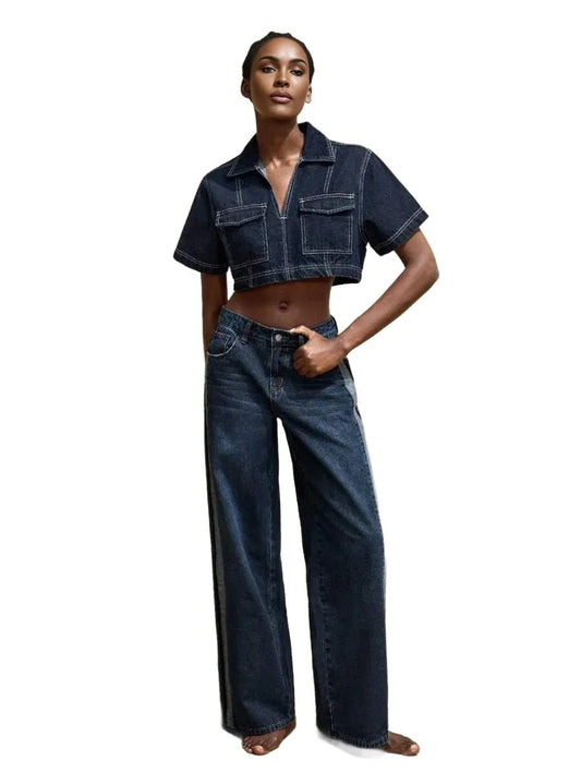 Beata Denim Top with Modern Cropped Design in Blue - Blue