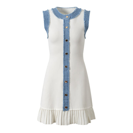 Beata White Knit and Denim Sleeveless Dress with Gold Buttons